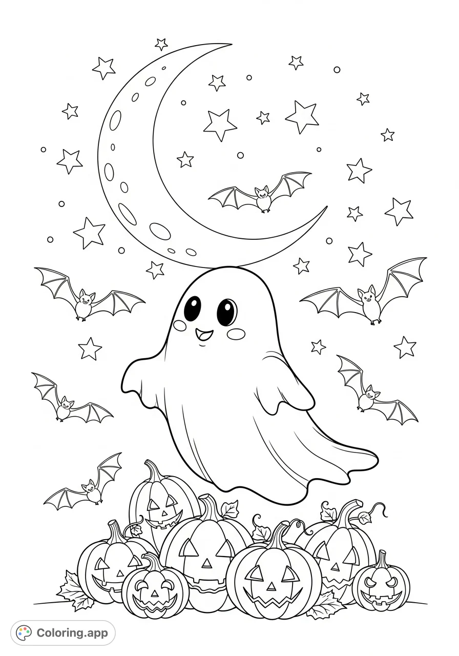 A charming ghost smiles amidst a playful scene of carved pumpkins, flying bats, twinkling stars, and a crescent moon. A delightful Halloween coloring page.