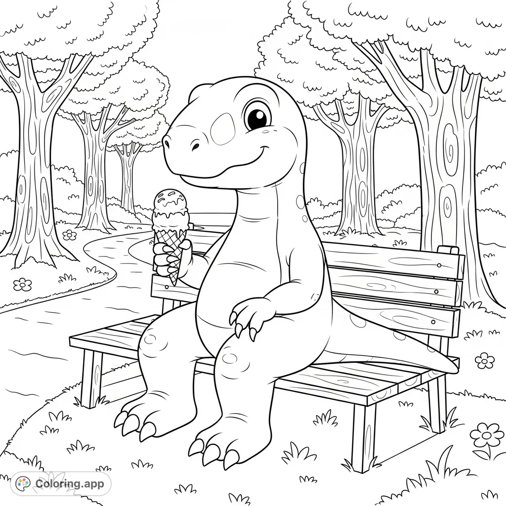 A friendly dinosaur enjoys a delicious ice cream cone while relaxing on a park bench amidst trees and flowers. A delightful scene for all ages.