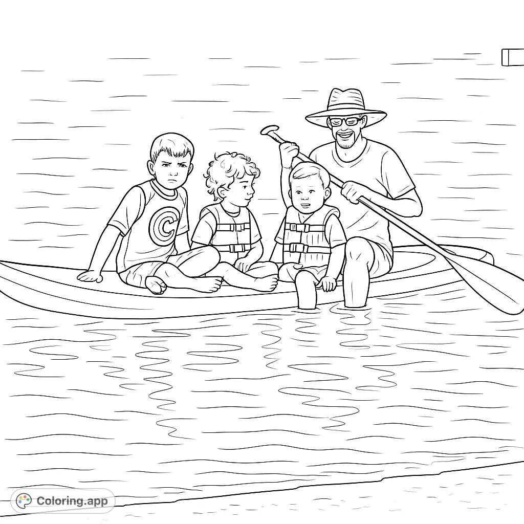 A joyful family paddleboard adventure featuring a father and his three sons on the water. This free printable coloring page is perfect for a relaxing creative experience.
