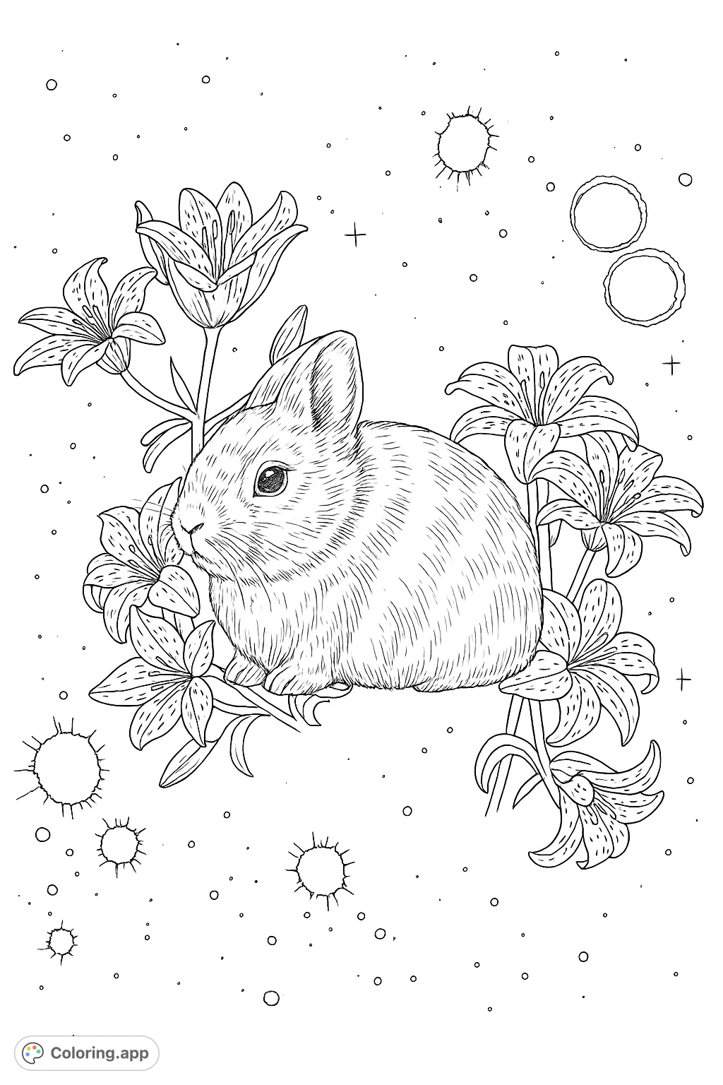 Cosmic Rabbit and Lilies - Coloring.app