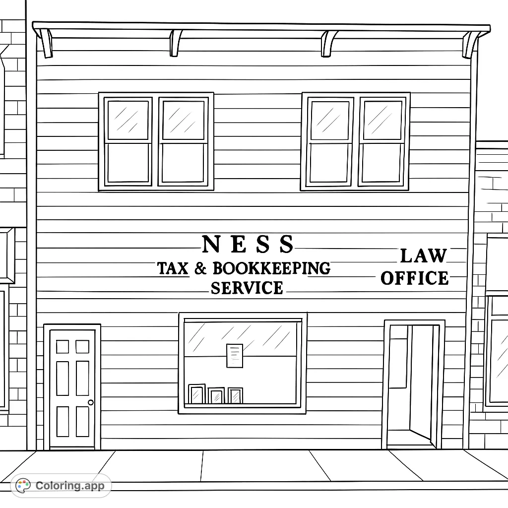 Detailed two-story building facade with windows, doors, and signage. Perfect for urban scene enthusiasts to color and personalize.