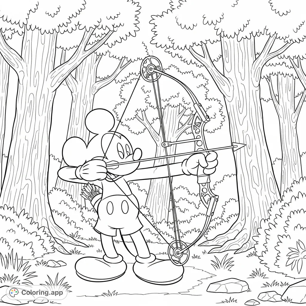 Join Mickey Mouse on an exciting archery adventure! This free printable Mickey Mouse coloring page features him aiming a compound bow in a detailed forest.