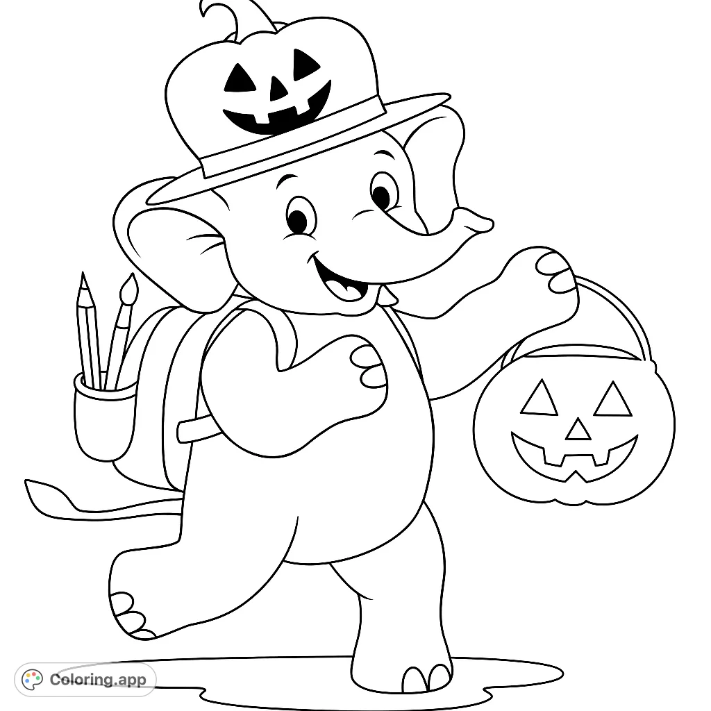 A delightful elephant in a pumpkin hat and backpack, ready for a festive adventure with its pumpkin bucket. Perfect for Halloween fun!