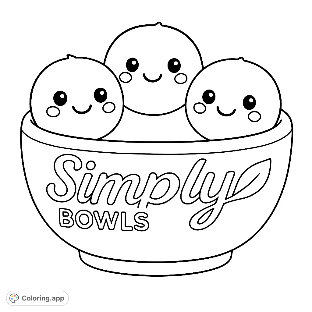Three adorable, smiling spherical characters nestled in a textured bowl with embroidered text. A delightful and simple scene perfect for creative coloring fun.