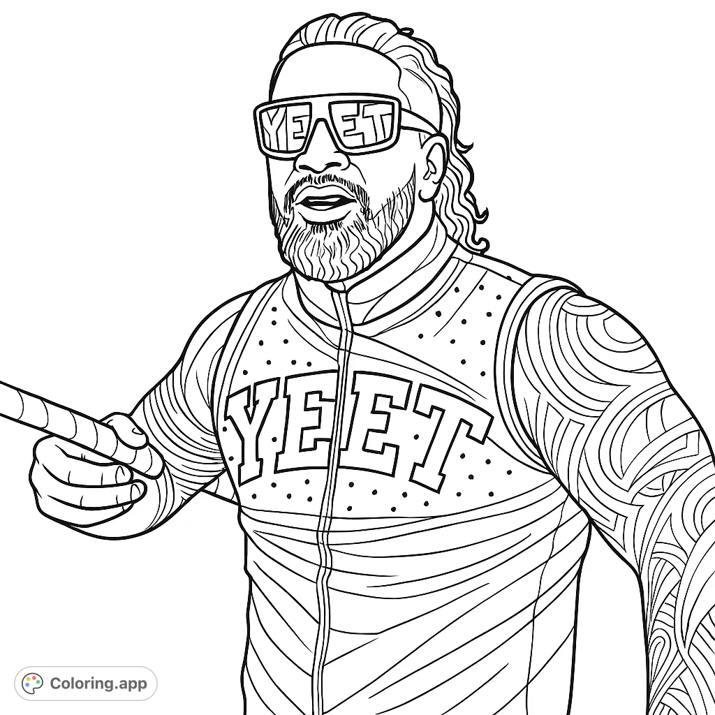 A powerful wrestler in the ring, sporting unique 'YEET' sunglasses and a detailed vest. Perfect for fans of wrestling and dynamic character art.