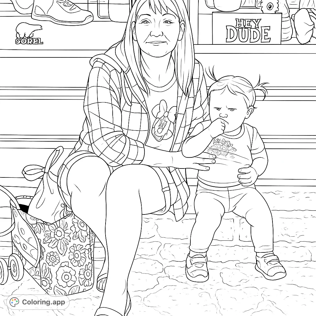 A heartwarming scene of a woman and toddler sitting together, surrounded by urban details. Perfect for family-themed coloring.