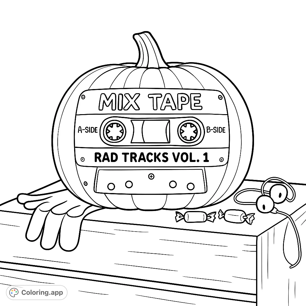 A unique pumpkin carved to look like a retro mix tape, complete with reels and a custom label, resting on a wooden crate with fun accessories.