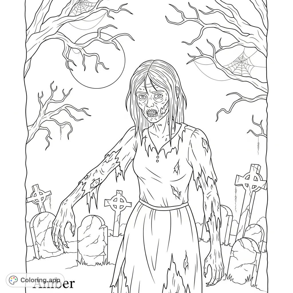 A chilling Halloween coloring page featuring Amber as a zombie in a tattered dress, standing in a desolate graveyard. Intricate details for a spooky coloring experience.