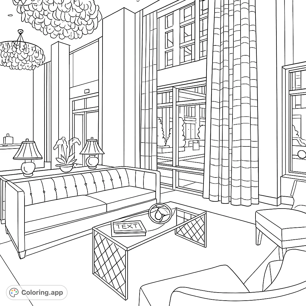 Color a sophisticated lobby scene featuring plush furniture, sparkling chandeliers, and expansive windows overlooking an urban landscape. A modern interior design coloring page.