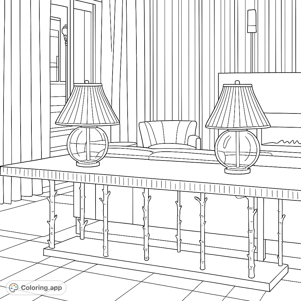 An elegant interior scene featuring a long console table with two stylish lamps, unique branch-like legs, and a sophisticated background with drapes and a fireplace.