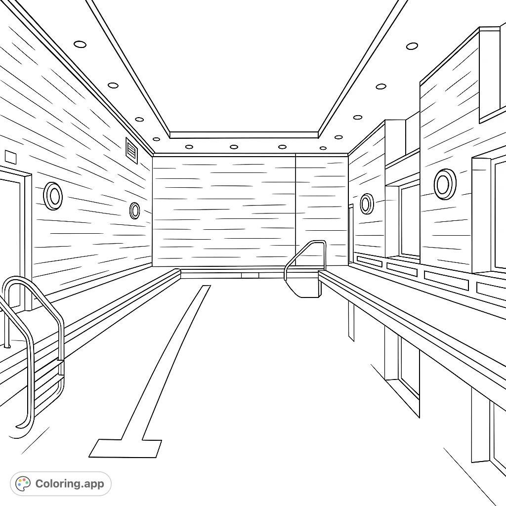 Dive into relaxation with this indoor swimming pool coloring page. Features a long pool, textured walls, and architectural details for a serene escape.