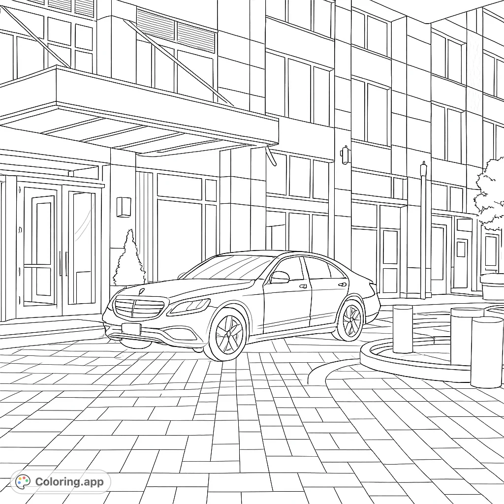 Color a sleek luxury sedan parked before a sophisticated modern building with a grand entrance and intricate architectural details, perfect for urban enthusiasts.