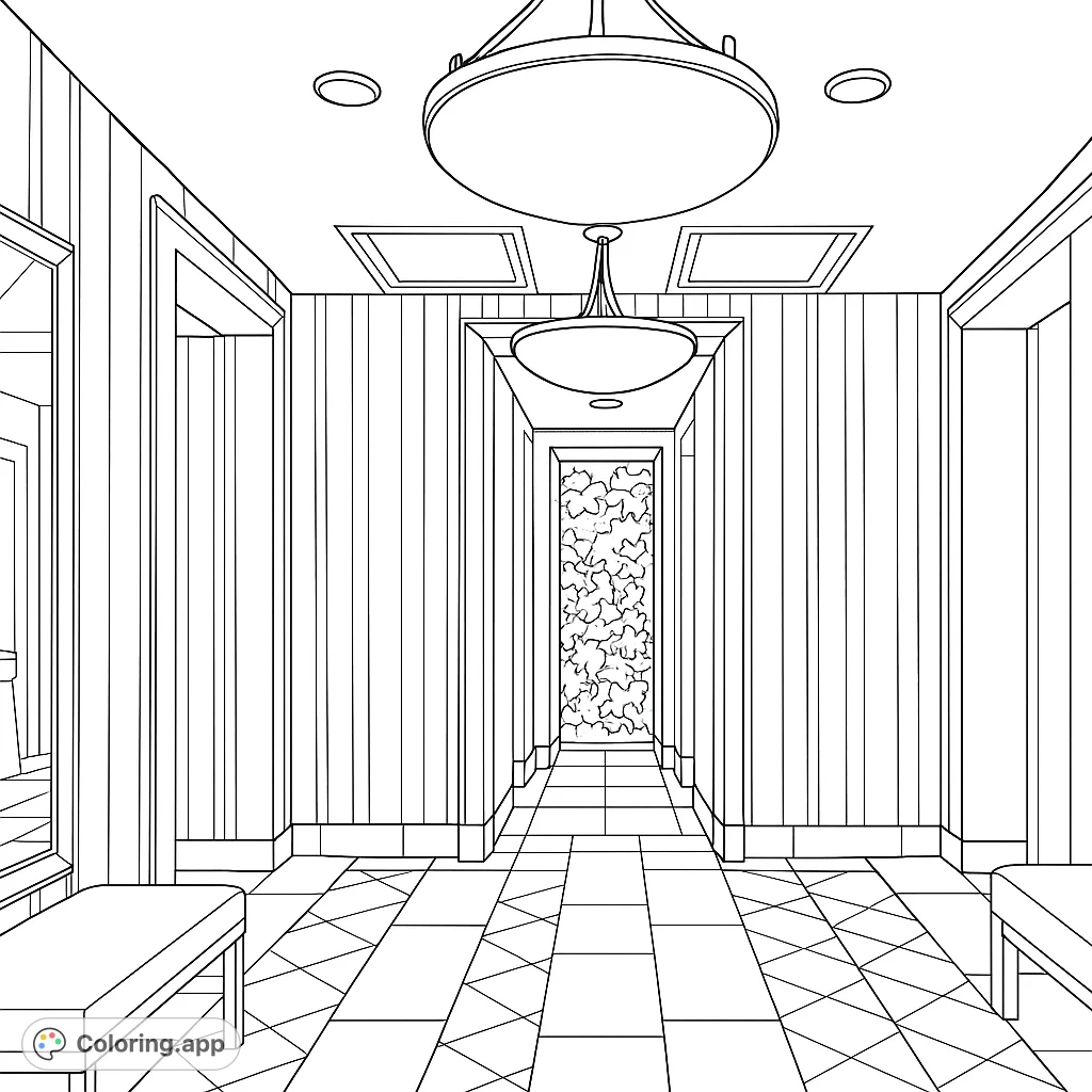 Explore a sophisticated modern hallway with a striking vertical plant wall, patterned marble floor, and elegant lighting. Perfect for detailed coloring.
