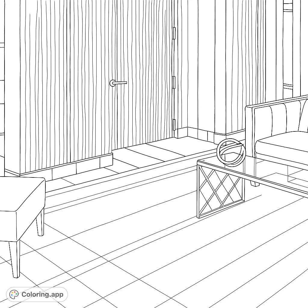 Explore a sophisticated interior space featuring a plush sofa, elegant coffee table with a unique lattice design, and rich wood paneling. A modern interior coloring page.