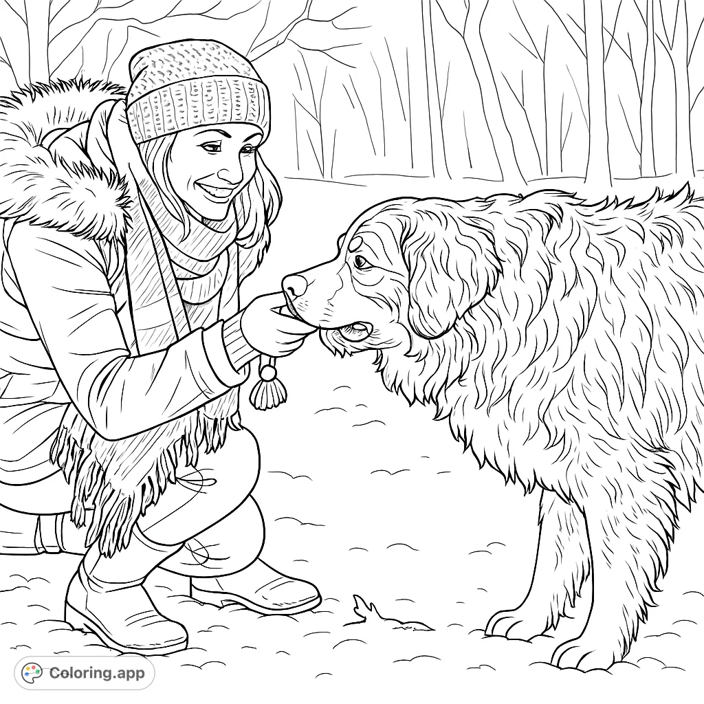 A heartwarming winter scene featuring a smiling woman playing with her large, shaggy dog in a snowy landscape. Perfect for animal lovers.