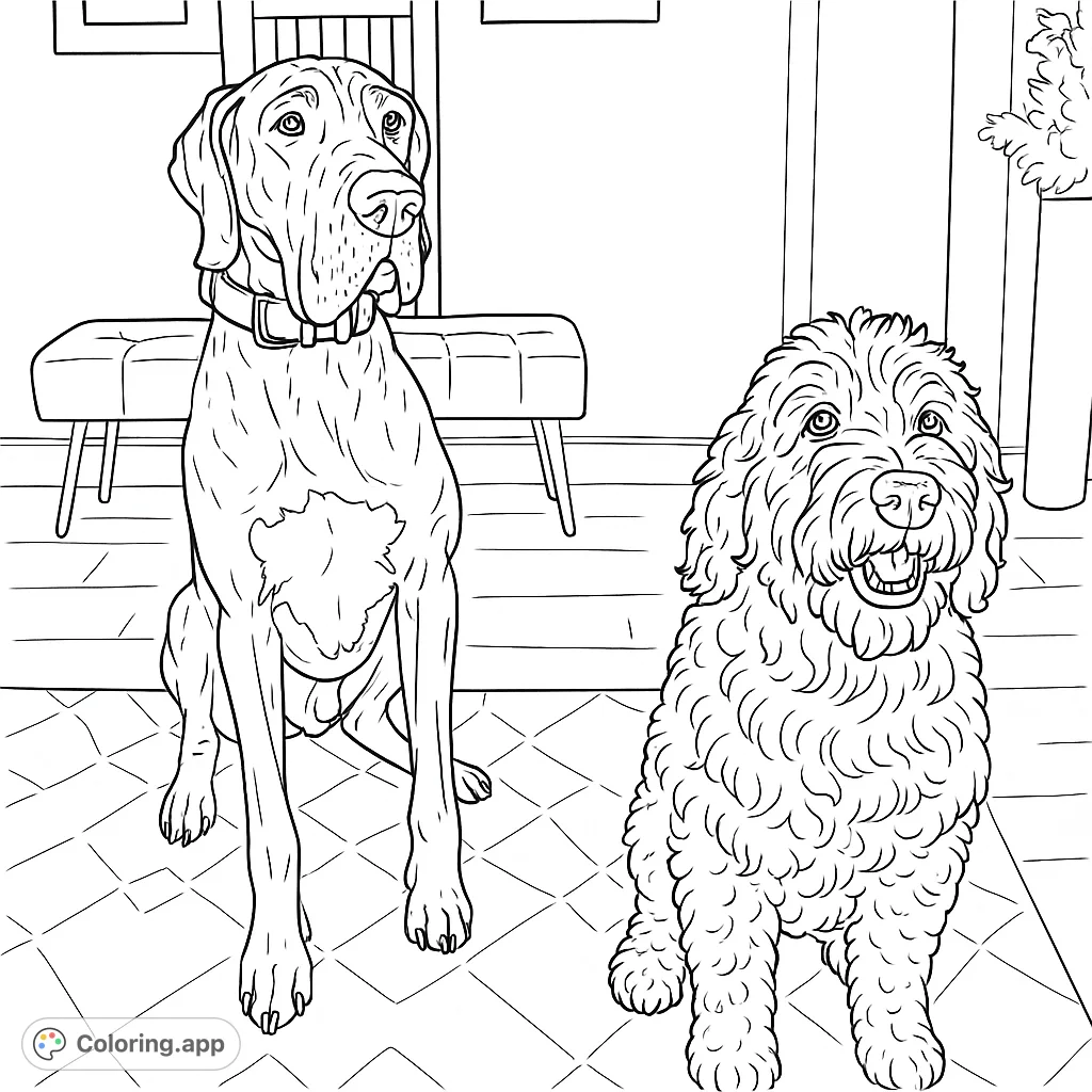 A charming coloring page featuring a majestic Great Dane and a playful curly-haired dog sitting together, perfect for pet lovers and dog enthusiasts.
