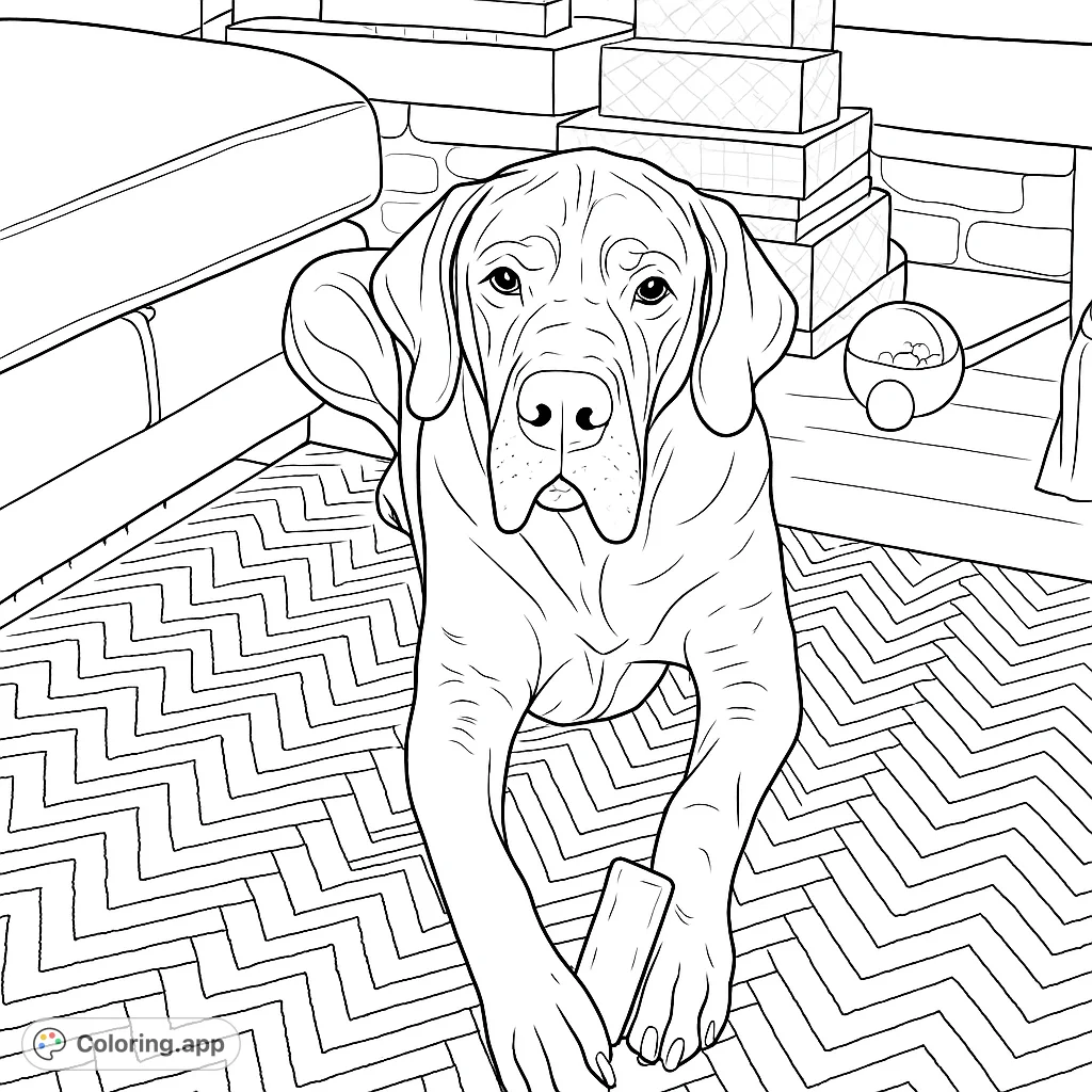 A majestic Great Dane rests on a patterned mat, holding a bone, surrounded by a cozy indoor scene with stacked cushions and wrapped gifts. Perfect for dog lovers!