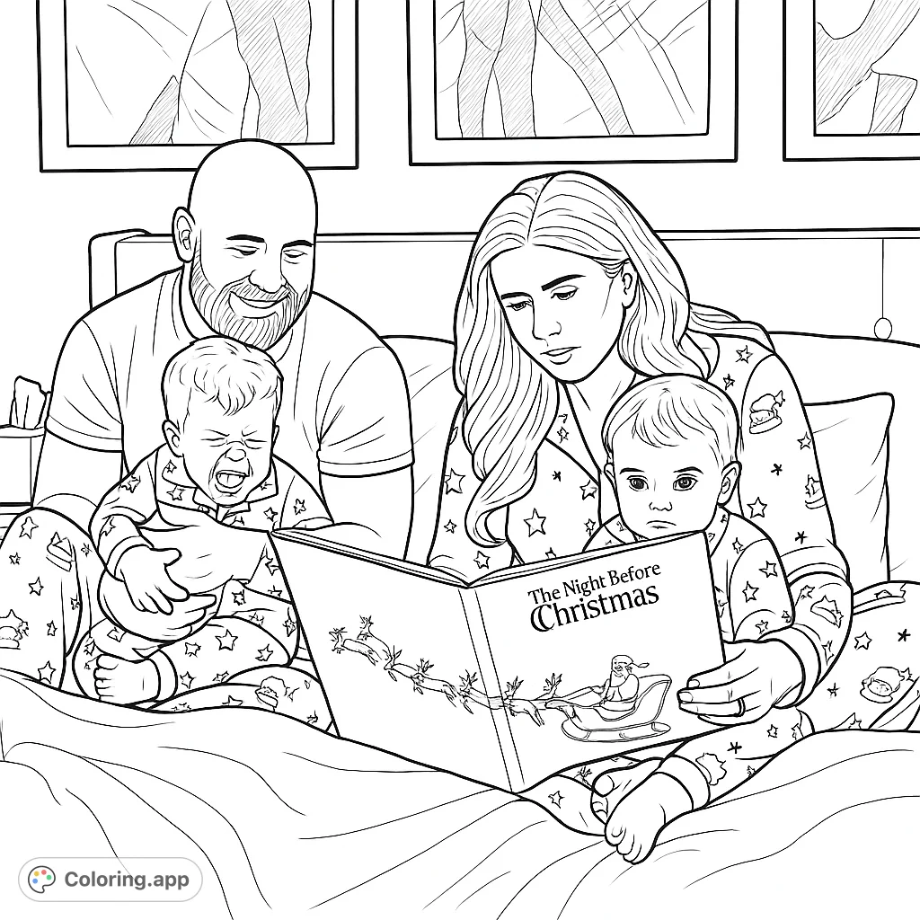 A heartwarming family scene with two adults and two children reading a festive storybook in bed, perfect for a cozy holiday coloring page.