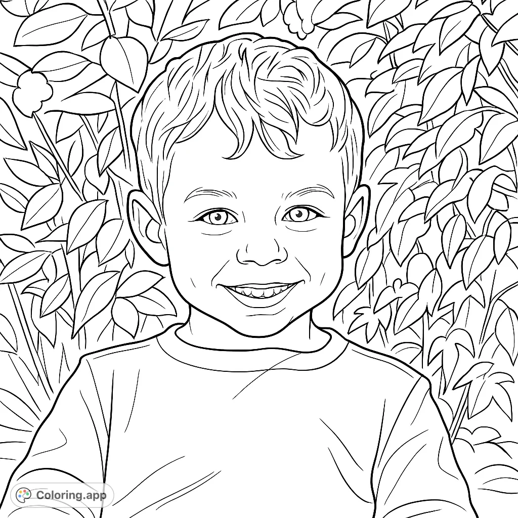 A delightful coloring page featuring a cheerful young boy with a bright smile, set against a soft, natural background of foliage. Perfect for kids.