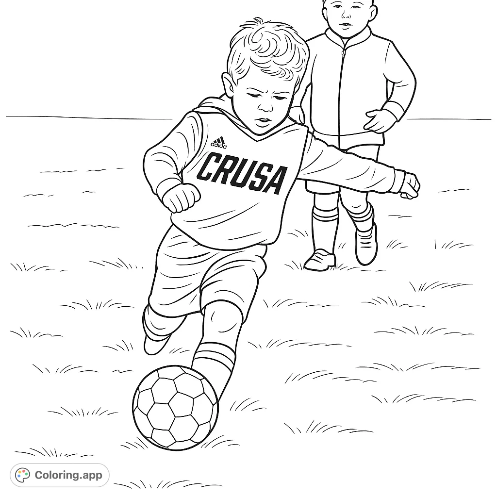 A dynamic coloring page featuring a young soccer player in action, dribbling a ball across a grassy field. Perfect for sports enthusiasts and aspiring athletes.