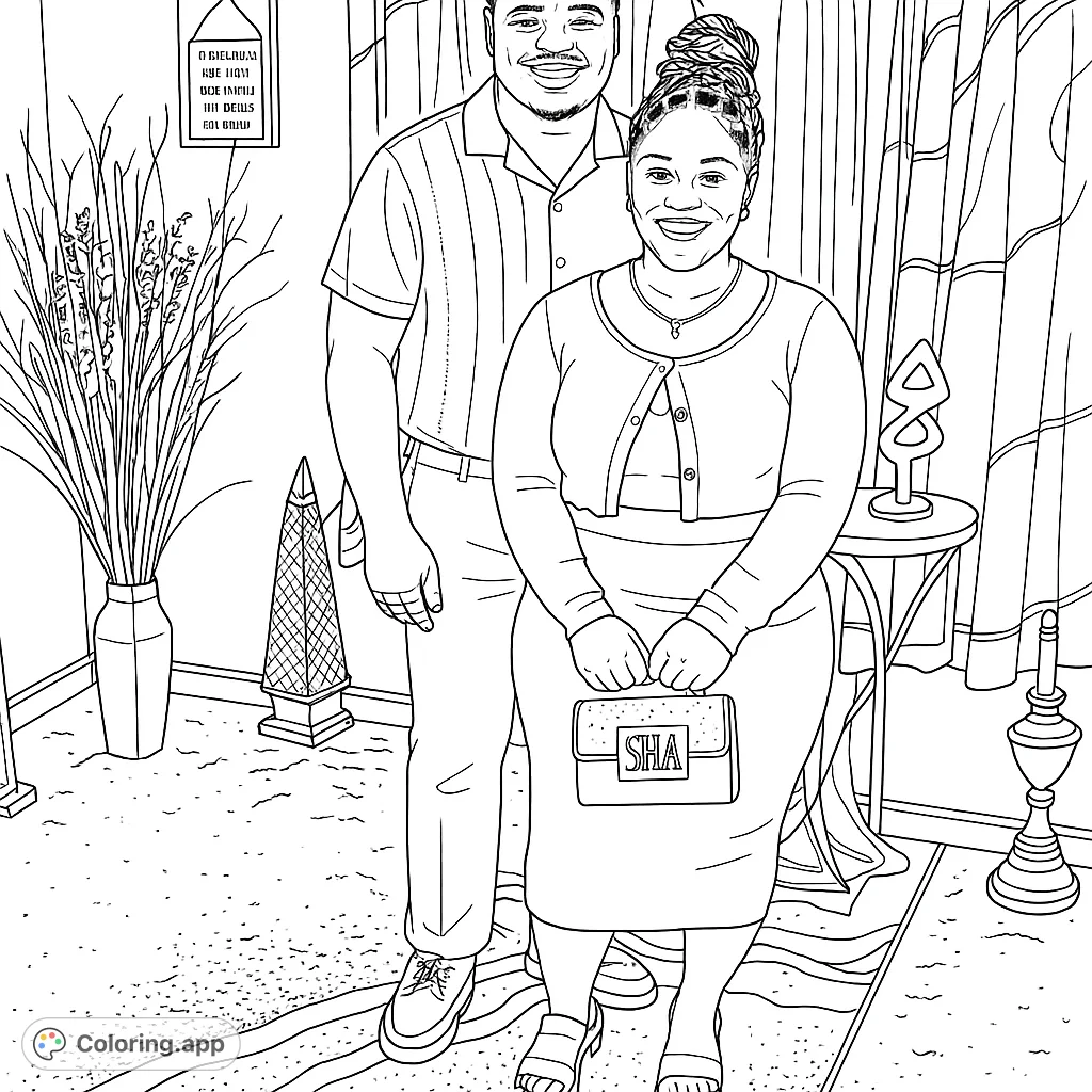 A charming portrait of a smiling couple, featuring detailed attire, accessories, and an elegantly decorated interior setting. Perfect for personalizing.