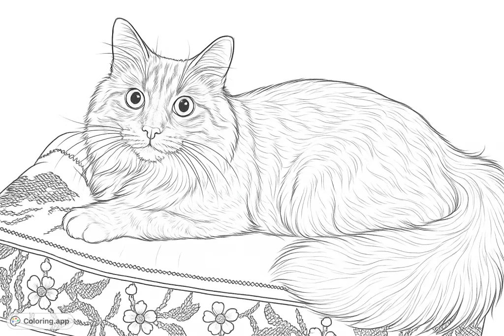 An intricate coloring page featuring a fluffy cat resting on a patterned cushion, perfect for detailed coloring and relaxation. A free printable cat coloring page.
