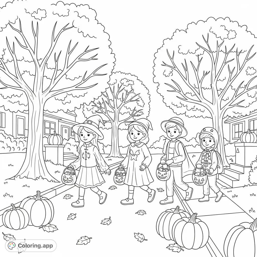 A delightful fall scene featuring four students in costumes trick-or-treating amidst large autumn trees and pumpkins. Perfect for seasonal fun.