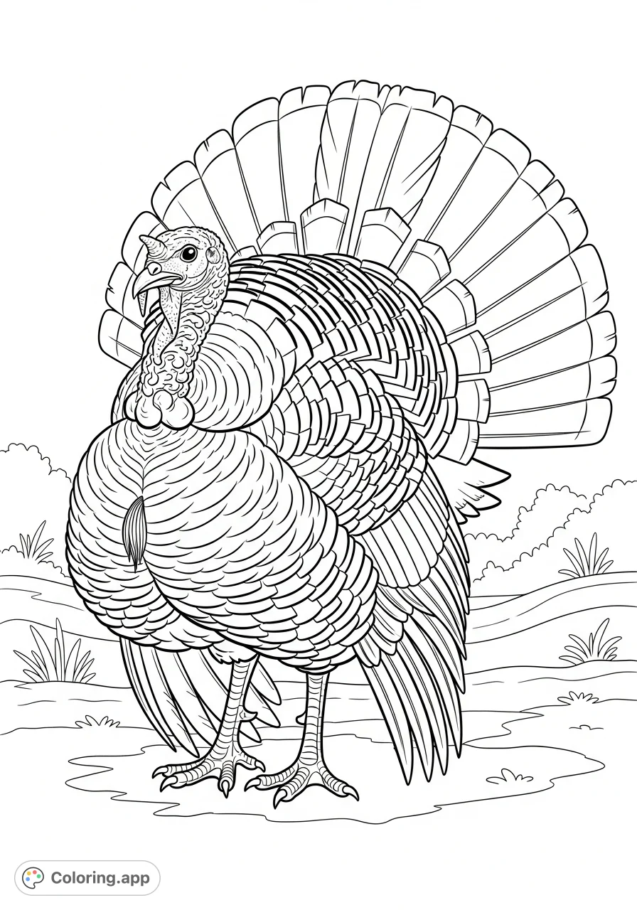 A detailed full turkey coloring page, perfect for all ages. Features a majestic bird with fanned tail feathers, ready for your creative touch.