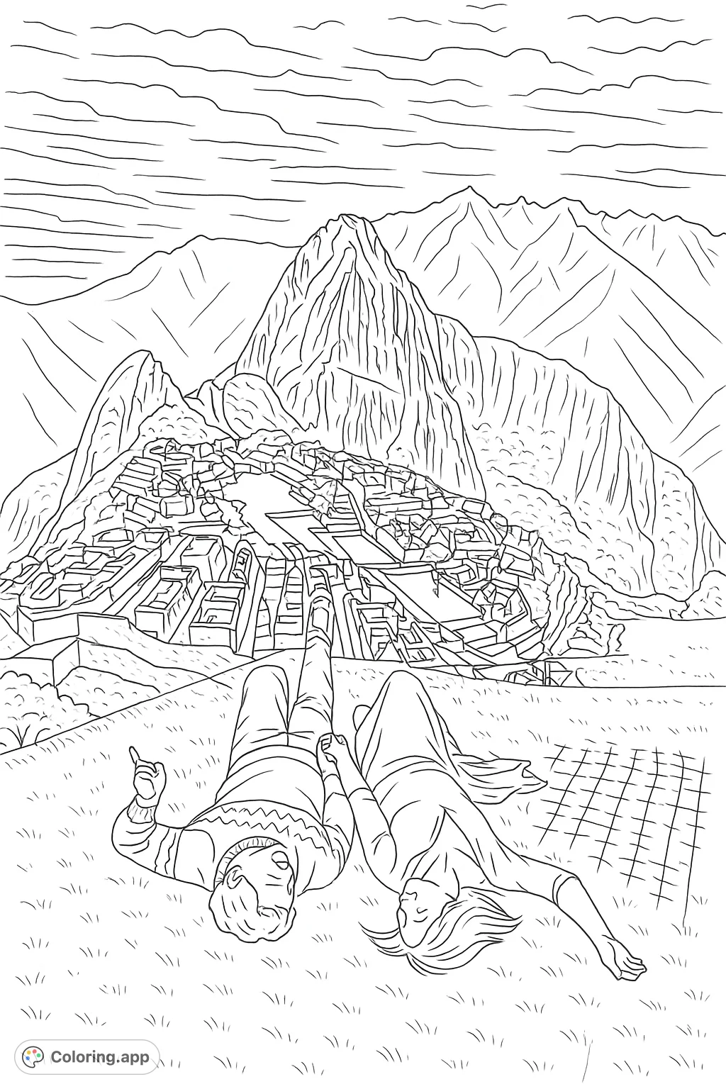 A couple relaxes on a grassy slope overlooking an ancient mountain city, surrounded by majestic peaks and a dramatic sky. A serene and adventurous scene.