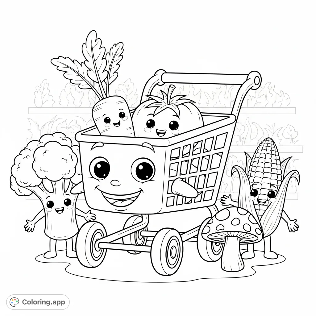Join Curbie the friendly grocery cart and his adorable veggie friends in a delightful scene. Perfect for sparking creativity and learning about healthy foods.