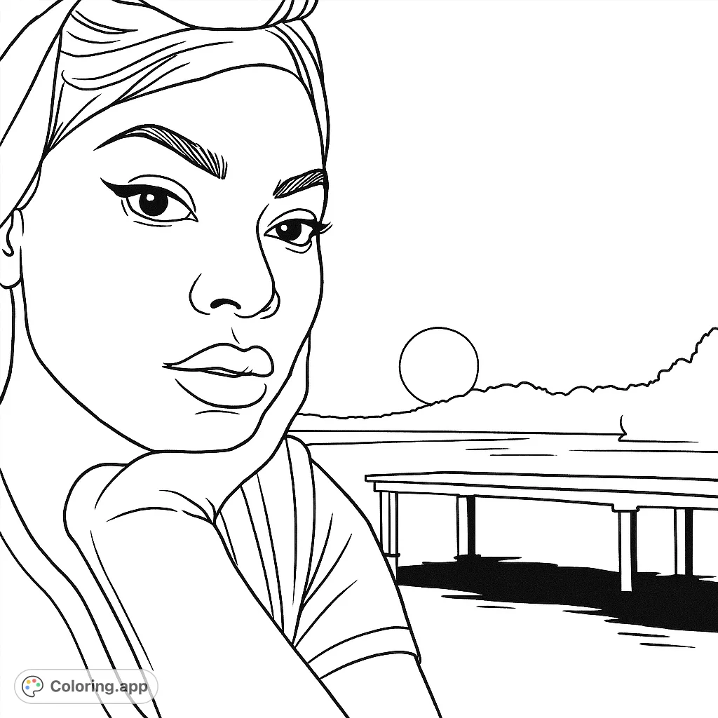 A thoughtful woman gazes out over a serene lake at sunset, offering a peaceful and reflective scene for your creative coloring journey.