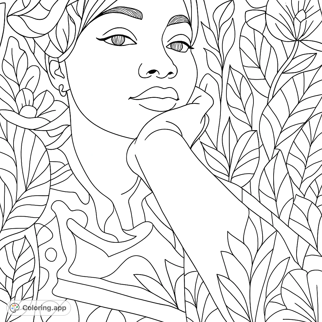 A captivating woman in a patterned headwrap and garment, surrounded by lush, abstract foliage. A serene and artistic portrait ready for your creative touch.