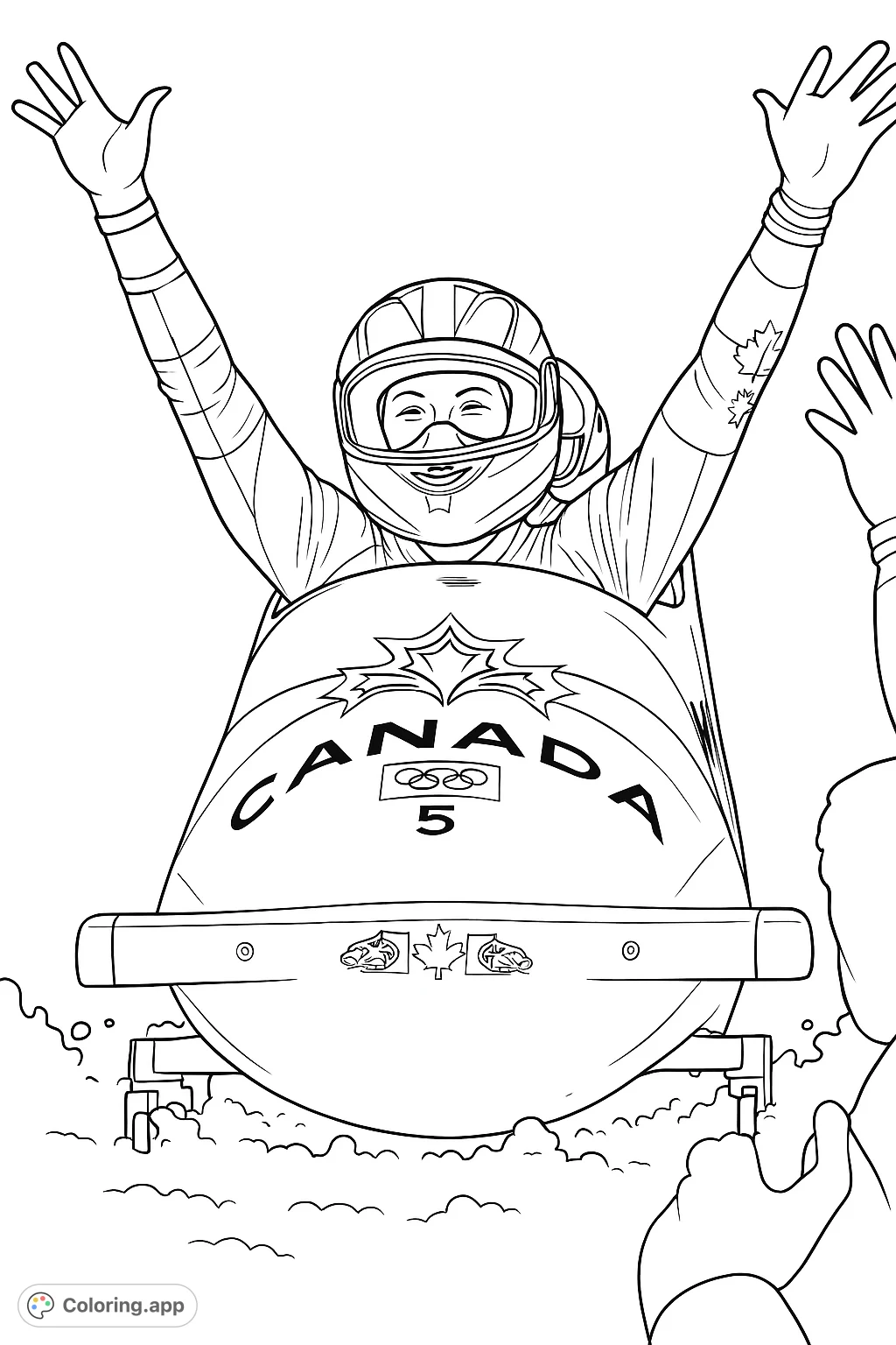 Celebrate winter sports with this dynamic bobsled coloring page featuring an athlete raising arms in triumph. Perfect for sports fans and aspiring champions!