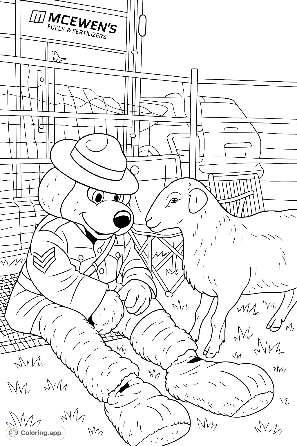 A charming scene featuring a bear mascot in uniform interacting with a gentle sheep. Perfect for a fun, engaging coloring experience for all ages.
