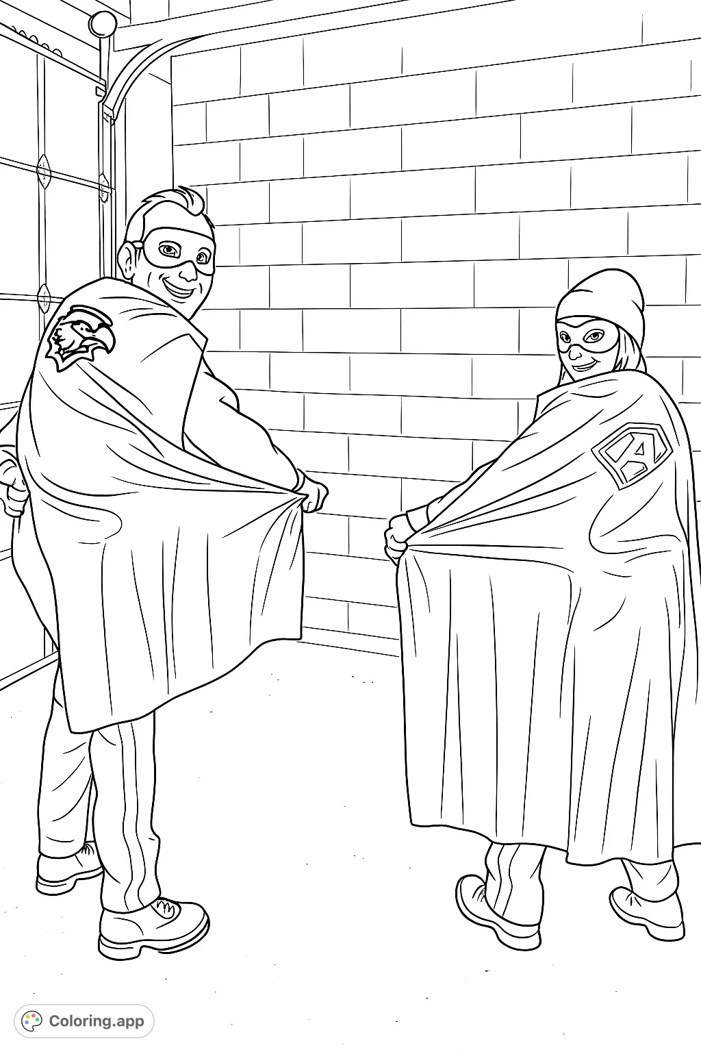 Two smiling community heroes in capes and masks, ready for adventure! A fun superhero coloring page for all ages to enjoy.