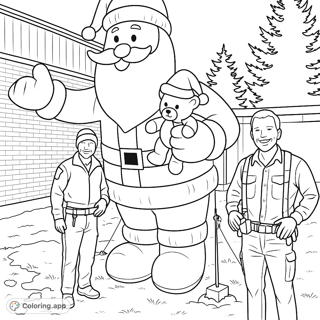 A cheerful holiday scene featuring an oversized inflatable Santa, two community figures in uniform, and a festive display, perfect for seasonal coloring.