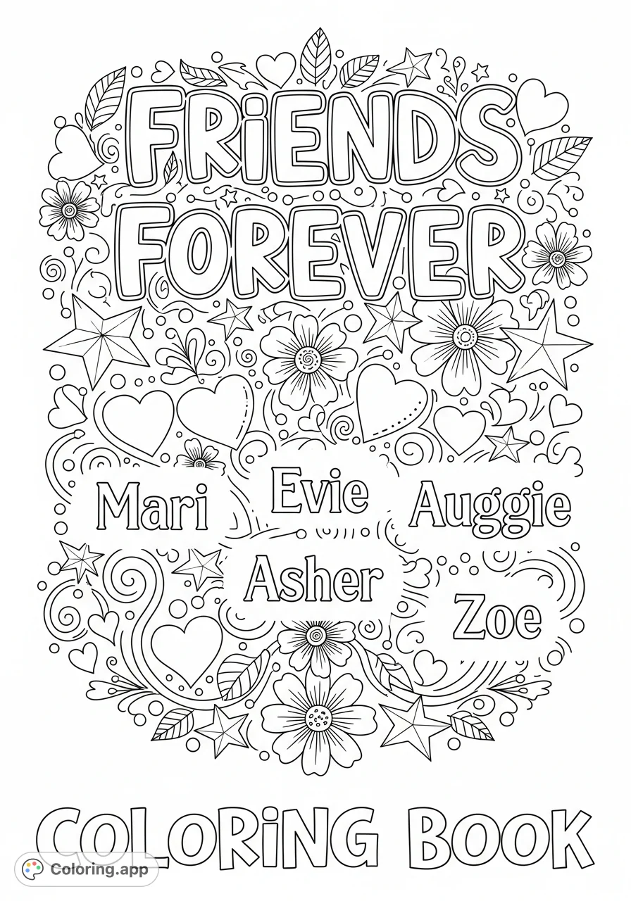 A charming coloring page celebrating friendship with 'Friends Forever' text, five names, and a delightful array of hearts, flowers, and stars.