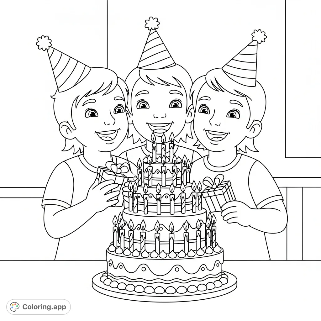 A joyful triplets birthday coloring page featuring three happy figures, a festive multi-tiered cake, and glowing candles, perfect for celebration.