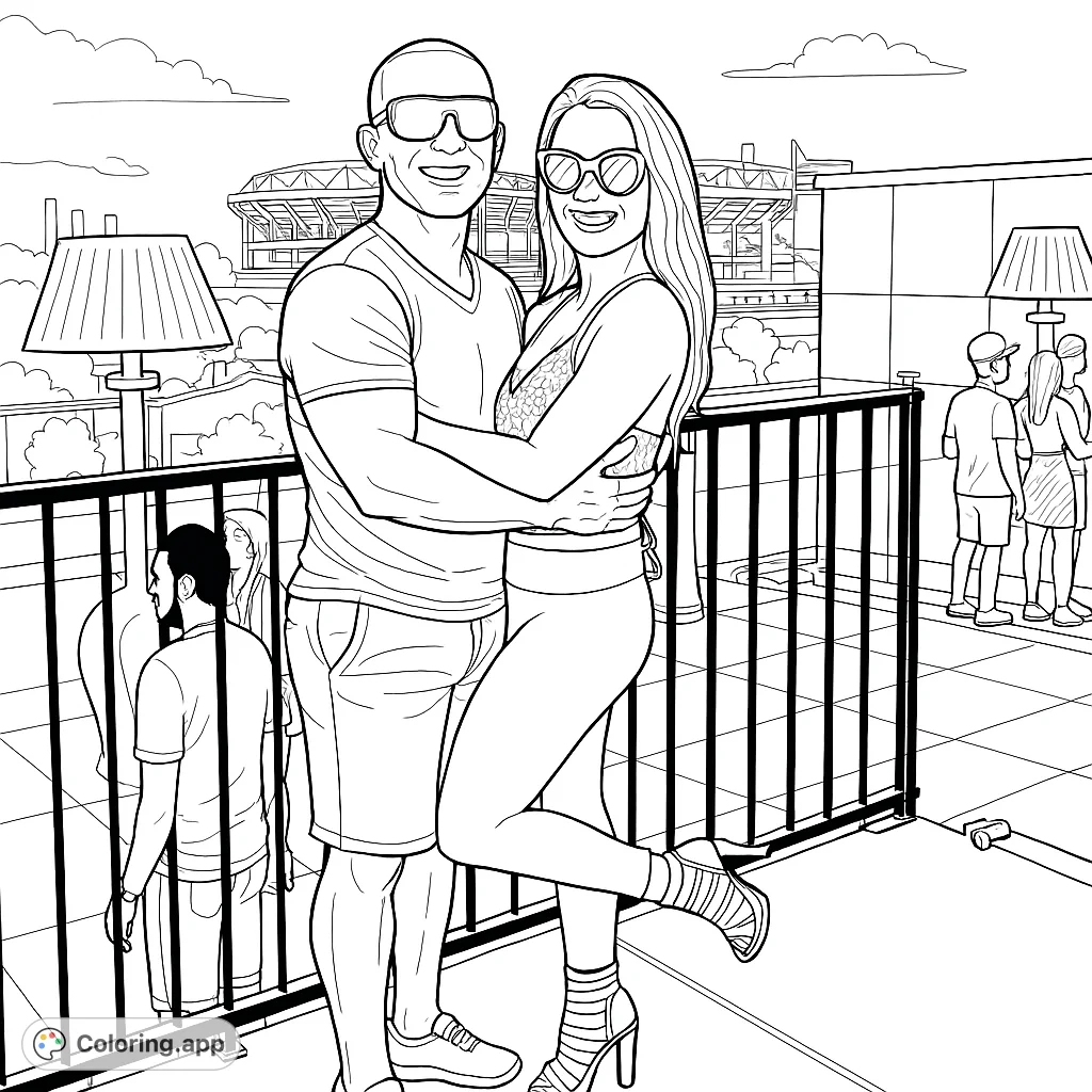 A smiling couple embraces on a vibrant rooftop, with a city skyline and stadium in the background. Perfect for a fun, modern coloring experience.