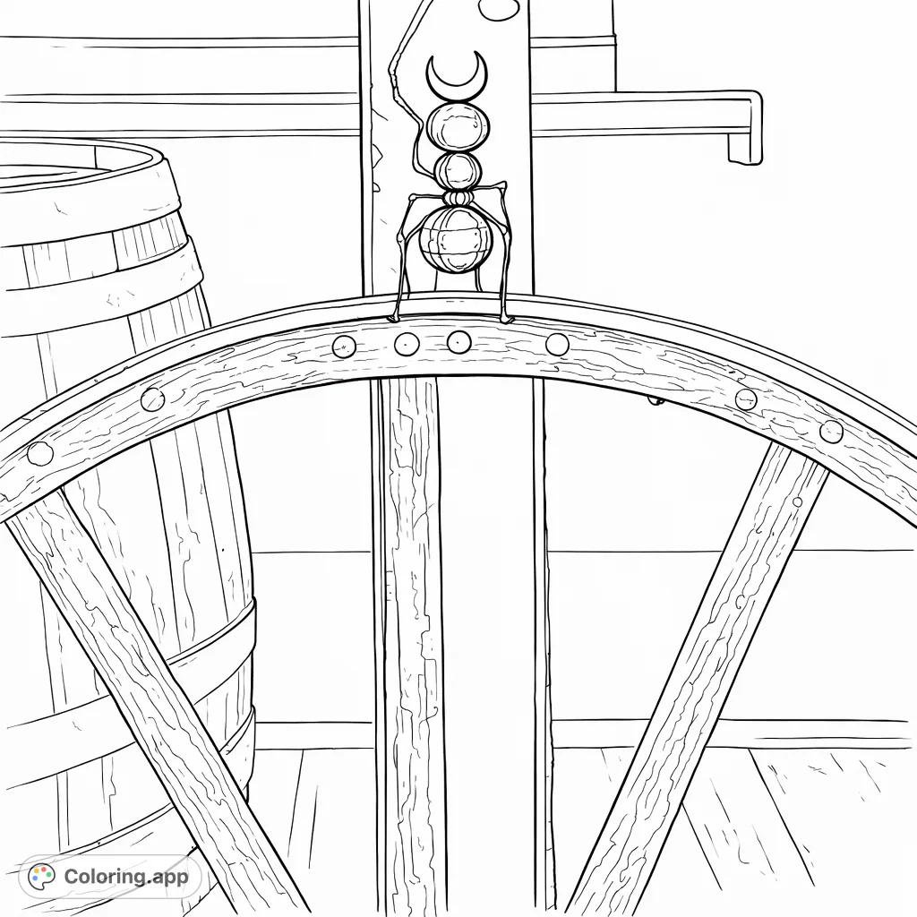 Explore a rustic scene featuring a unique ant sculpture perched on a weathered wagon wheel. This charming design offers intricate details for a satisfying coloring experience.