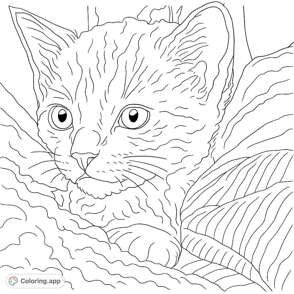 Snuggle up with this adorable kitten coloring page! A sweet feline friend nestled in a soft blanket, waiting for your creative touch.