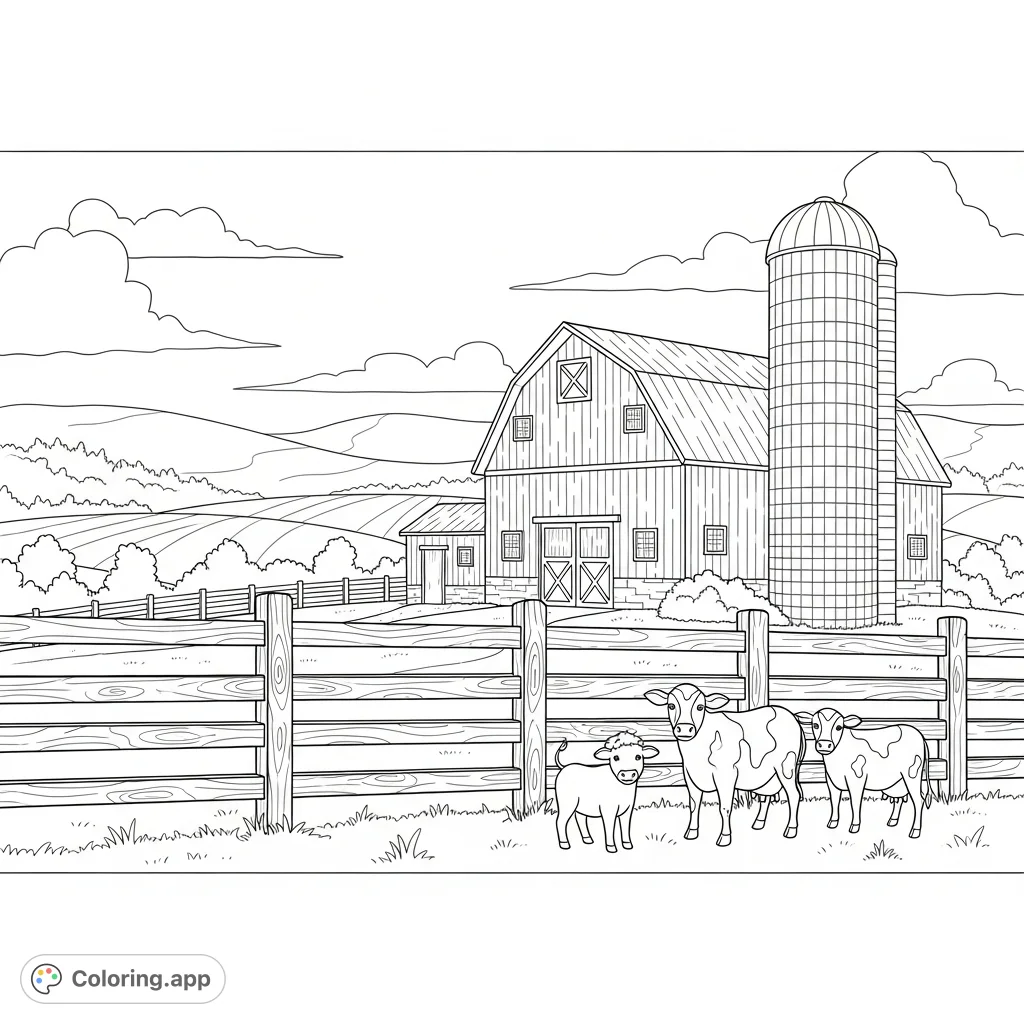 A charming farm scene featuring a rustic fence, a classic barn with a silo, and three playful farm animals. Perfect for a cozy coloring experience.