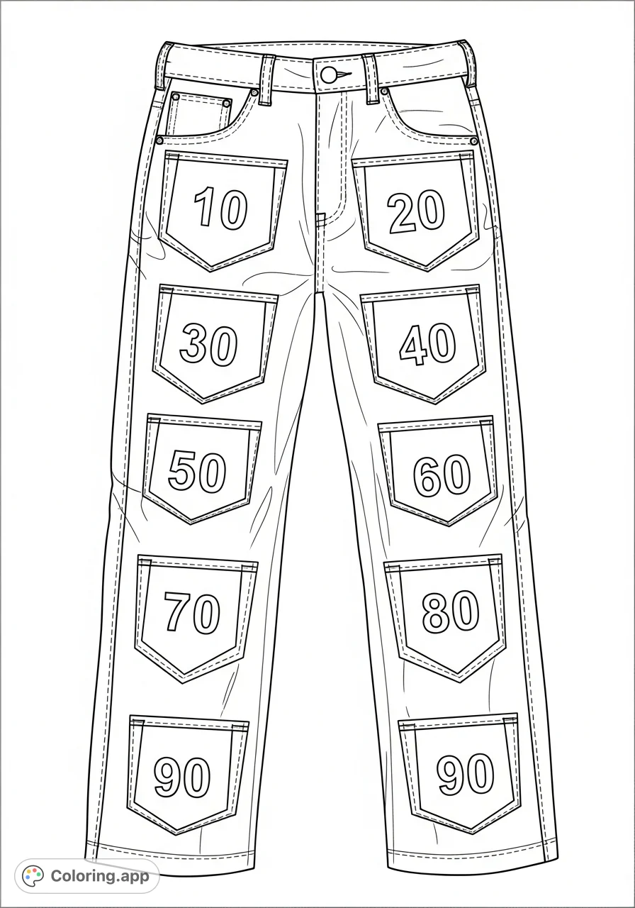 A unique pant design coloring page featuring distinct sections for numbers 10 through 90, perfect for a fun, educational activity.
