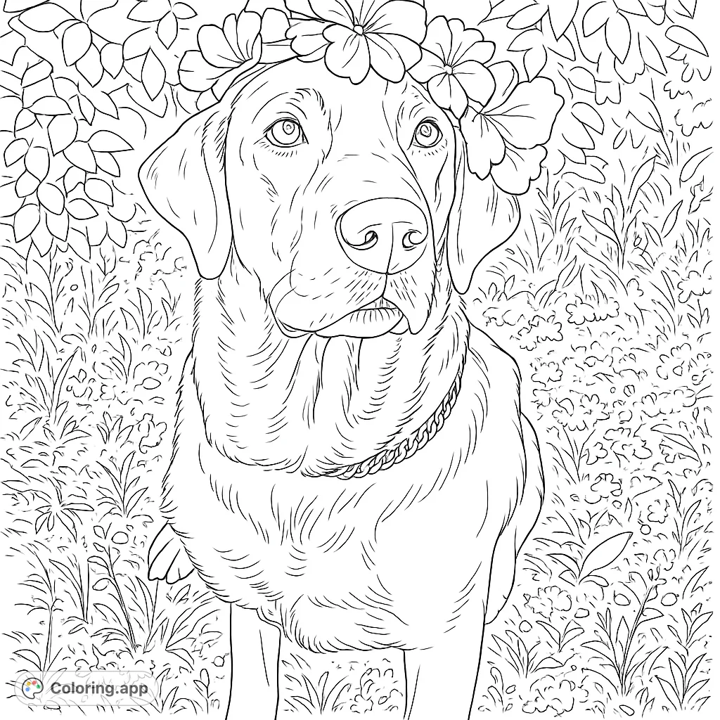 An adorable dog wearing a beautiful flower crown, sitting in a grassy setting. A charming and delightful scene for all ages, perfect for creative expression.