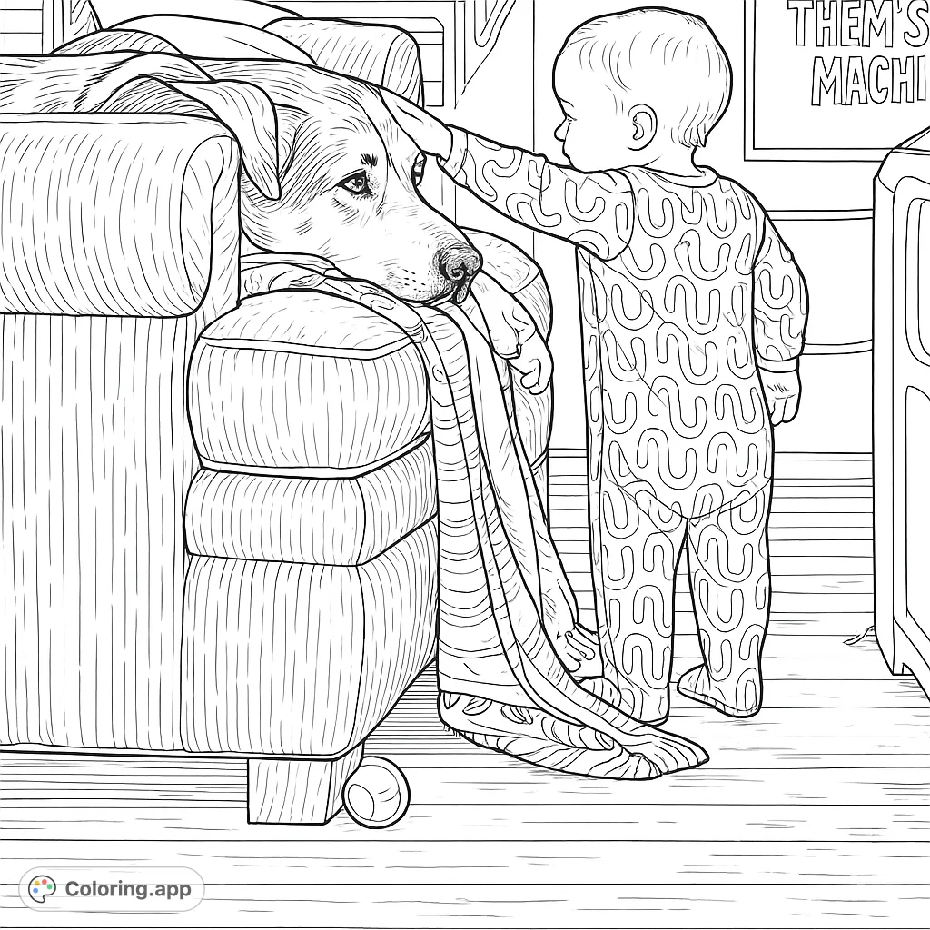A heartwarming baby and dog coloring page, capturing a tender moment between a child and their loyal animal companion on a cozy sofa.