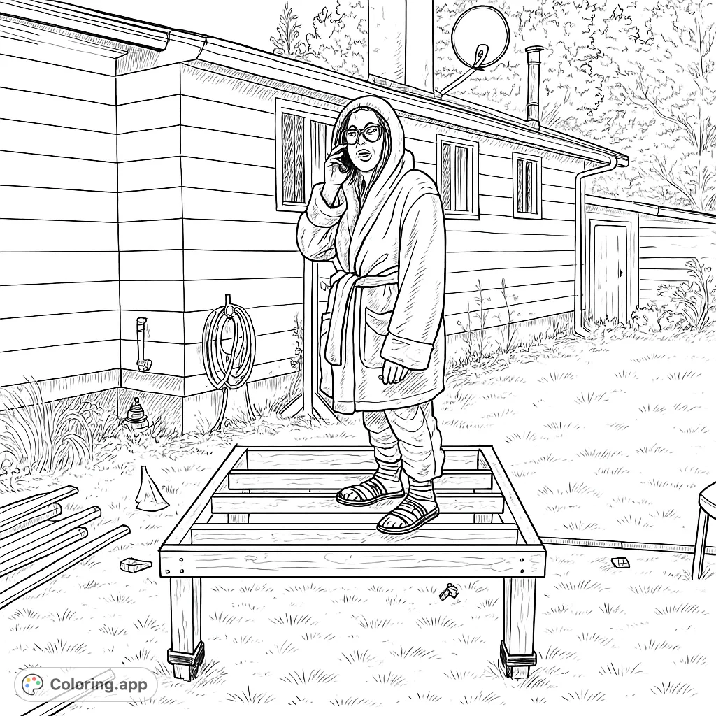 A quirky scene unfolds as a person in a cozy robe and patterned pajamas stands atop a newly constructed wooden frame in a detailed backyard setting.