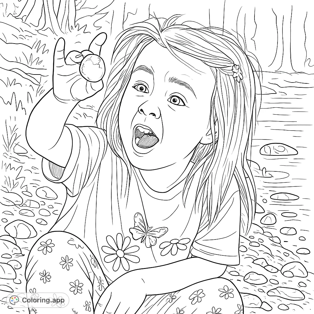 A joyful child discovers a unique stone by the water's edge, an expressive moment of wonder perfect for detailed coloring. Features intricate patterns on clothing and natural textures.