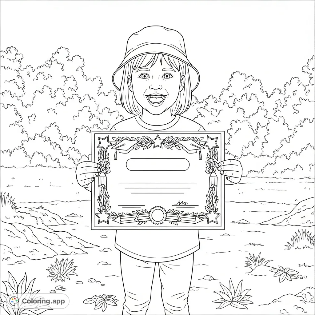 Celebrate milestones with this charming coloring page featuring a smiling child proudly holding a decorative diploma, set in an outdoor scene.