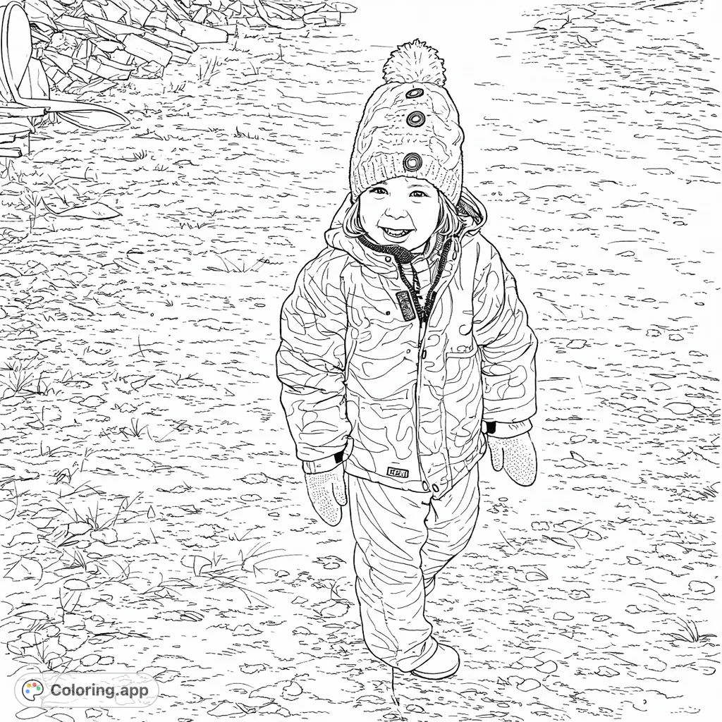 A joyful little girl bundled in winter clothes, smiling while standing on a snow-dusted path. Perfect for a cozy winter coloring activity.