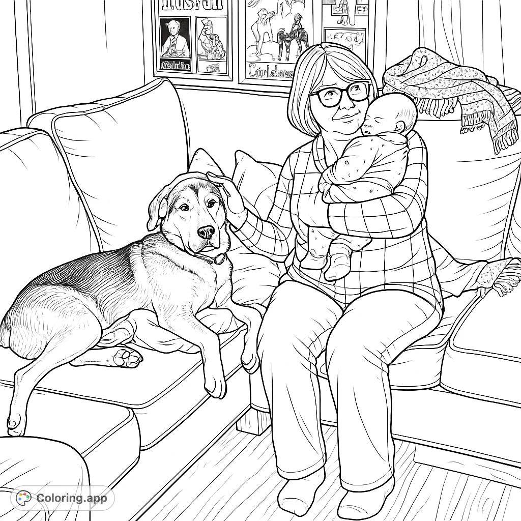 Capture a heartwarming scene of a woman, baby, and dog relaxing together on a cozy sofa, surrounded by homey details. Perfect for detailed coloring.